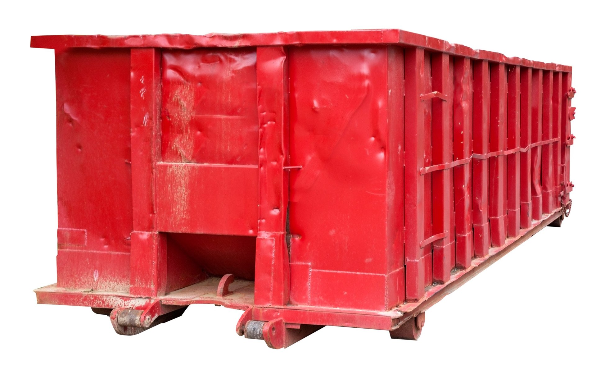 Isolated rugged red industrial dumpster freshly painted