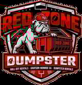 Red Zone Dumpster logo featuring a bulldog mascot with a red dumpster, text includes roll-off rentals and Grayson-Monroe GA location