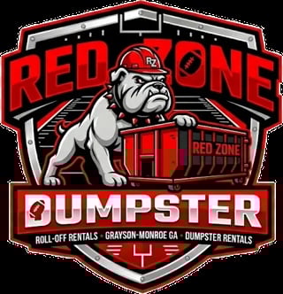 Red Zone Dumpster logo featuring a bulldog mascot with a red dumpster, text includes roll-off rentals and Grayson-Monroe GA location